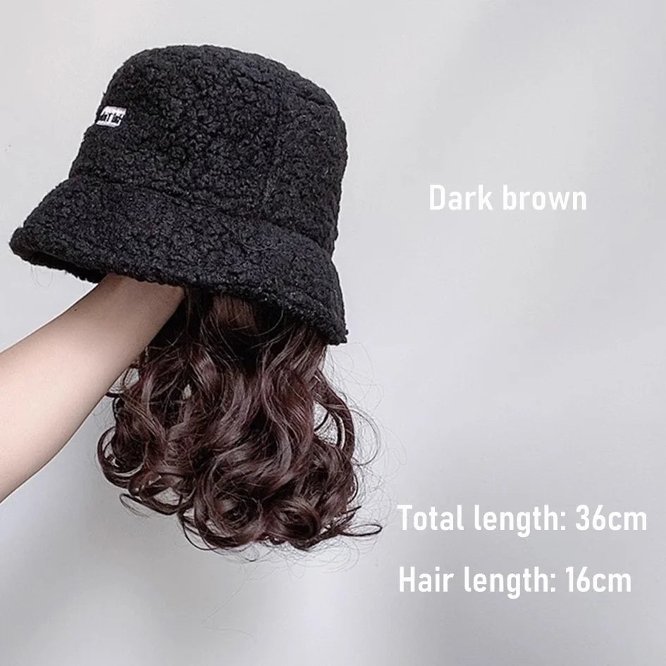 Synthetic 50cm winter cold resistant wig hat with long straight hair and long curly hair black/white hat with lambhair Christmas