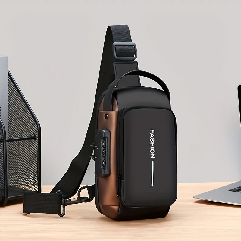 Men's Sporty Chest Bag Motorcycle Phone Pack with Password Lock, Zipper Closure Crossbody Sling Bag for Daily Commute Outdoor