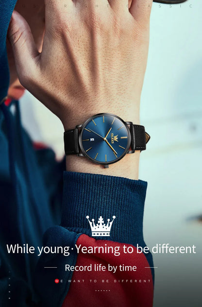 Top Brand OLEVS Ultra Thin 6.5mm Minimalist Fashion Quartz Watch for Men Leather Strap Auto Date Male Waterproof Mens Wristwatch