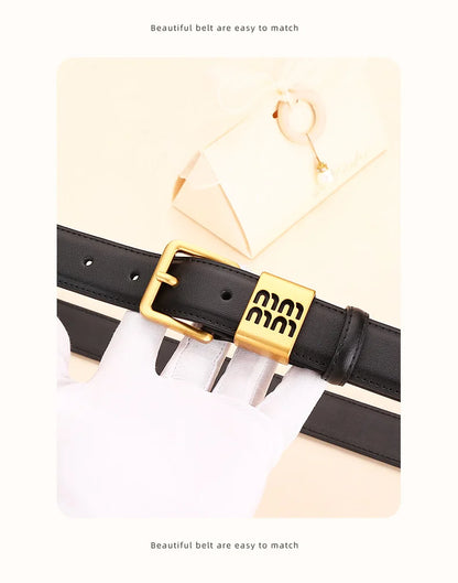 Genuine leather cowhide belt for women; versatile decorative waist belt with a sense of design; fashionable denim belt for ladie