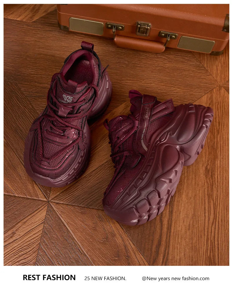 9cm Genuine Leather Chunky Sneakers for Women Fashion Sneakers Walking Shoes Platform Heel Sneakers Women Casual Shoes