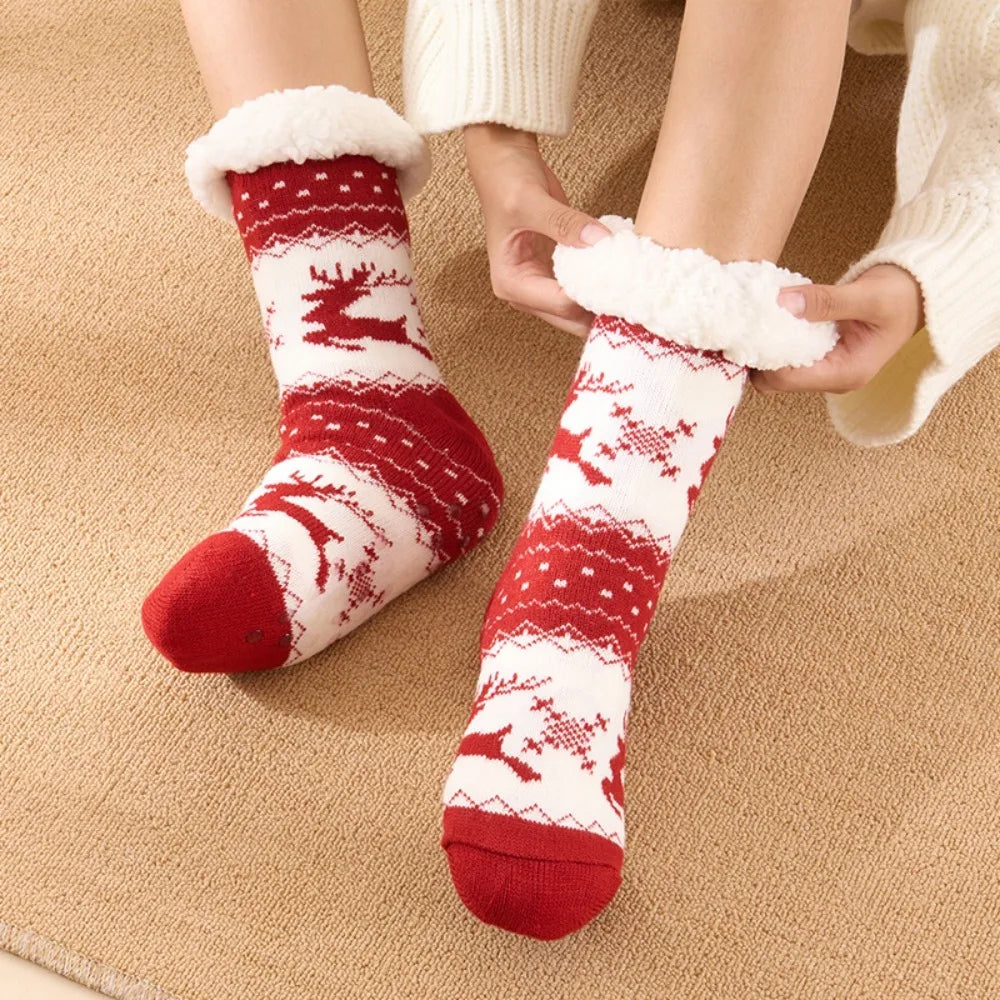 Christmas Fluffy Slipper Socks for Women Cartoon Reindeer Pattern Winter Warm Thick Fleece Lined Non Slip Cosy Long Socks Gift