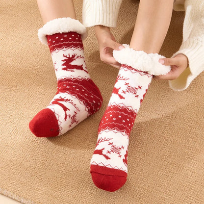 Christmas Fluffy Slipper Socks for Women Cartoon Reindeer Pattern Winter Warm Thick Fleece Lined Non Slip Cosy Long Socks Gift