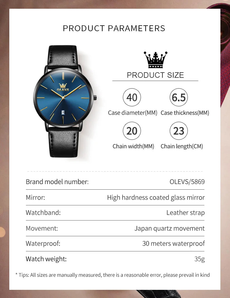 Top Brand OLEVS Ultra Thin 6.5mm Minimalist Fashion Quartz Watch for Men Leather Strap Auto Date Male Waterproof Mens Wristwatch