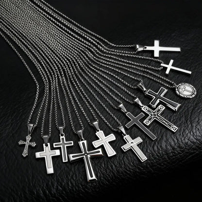 Basic Punk Cross Necklace for Men Boys,Stainless Steel Silver Color Cross Pendant Necklace,Christian Religious Jewelry Gift