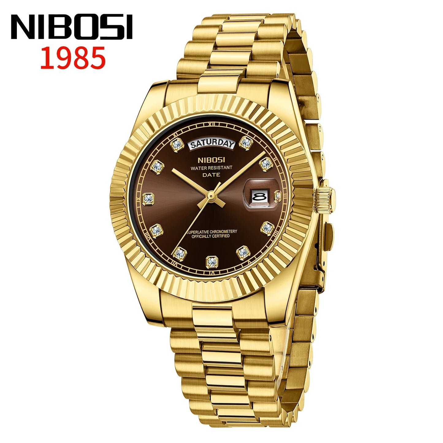 NIBOSI Mens Watches Top Brand Luxury Gold Diamonds Classic Watch Men Auto Week Date Watch Waterproof Stainless Steel Wristwatch