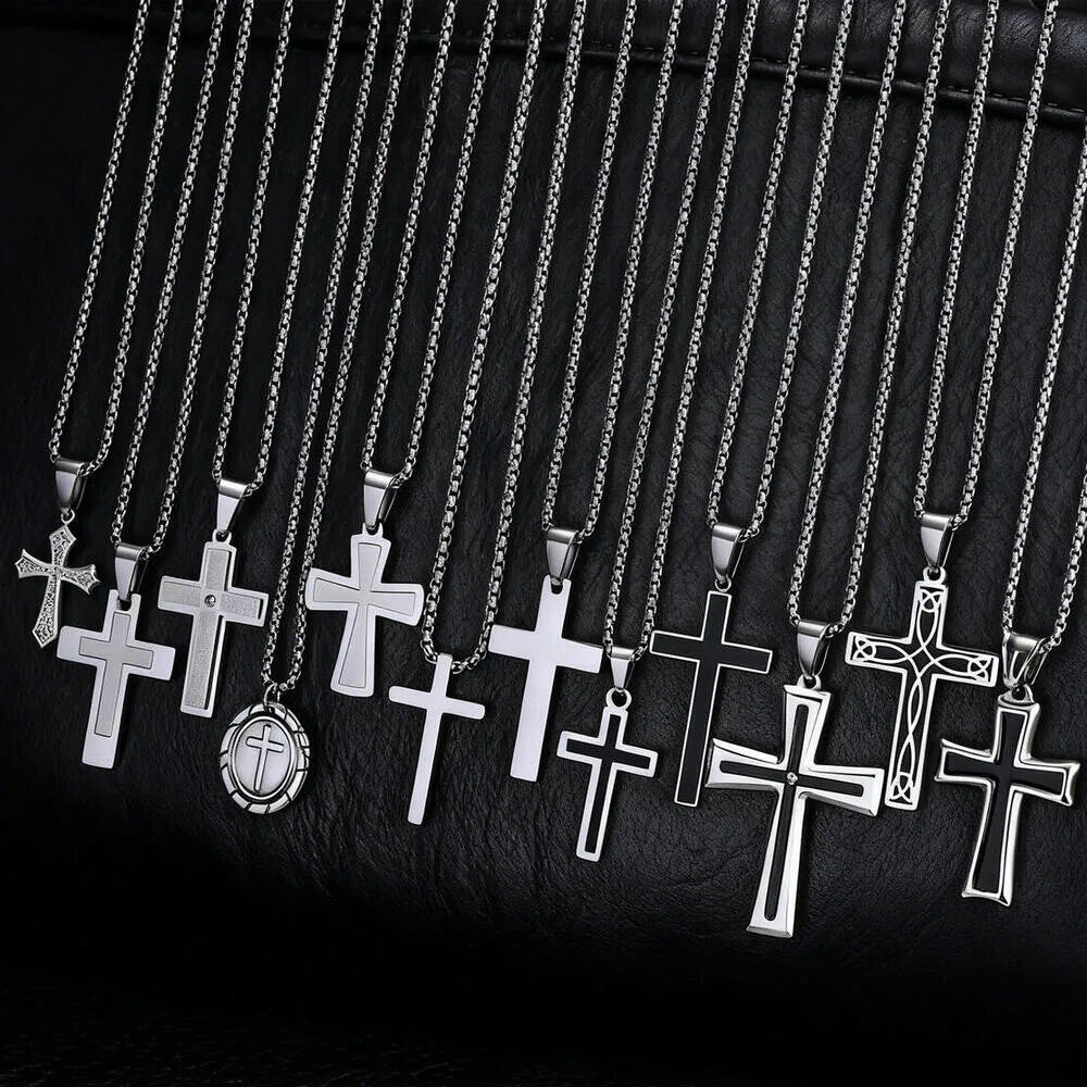 Basic Punk Cross Necklace for Men Boys,Stainless Steel Silver Color Cross Pendant Necklace,Christian Religious Jewelry Gift