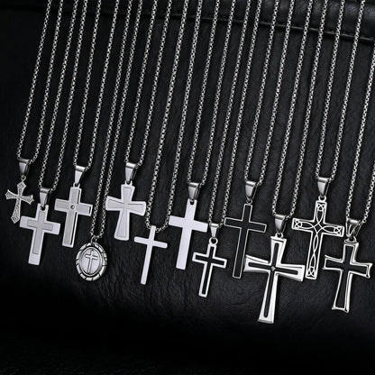 Basic Punk Cross Necklace for Men Boys,Stainless Steel Silver Color Cross Pendant Necklace,Christian Religious Jewelry Gift