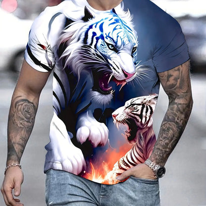 Tiger Print T-Shirt 3D Animal Men's Shirts Summer Short Sleeved Male Pullover Oversized T-shirts Casual Tops Tees Men Clothing