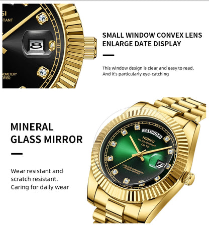 NIBOSI Mens Watches Top Brand Luxury Gold Diamonds Classic Watch Men Auto Week Date Watch Waterproof Stainless Steel Wristwatch