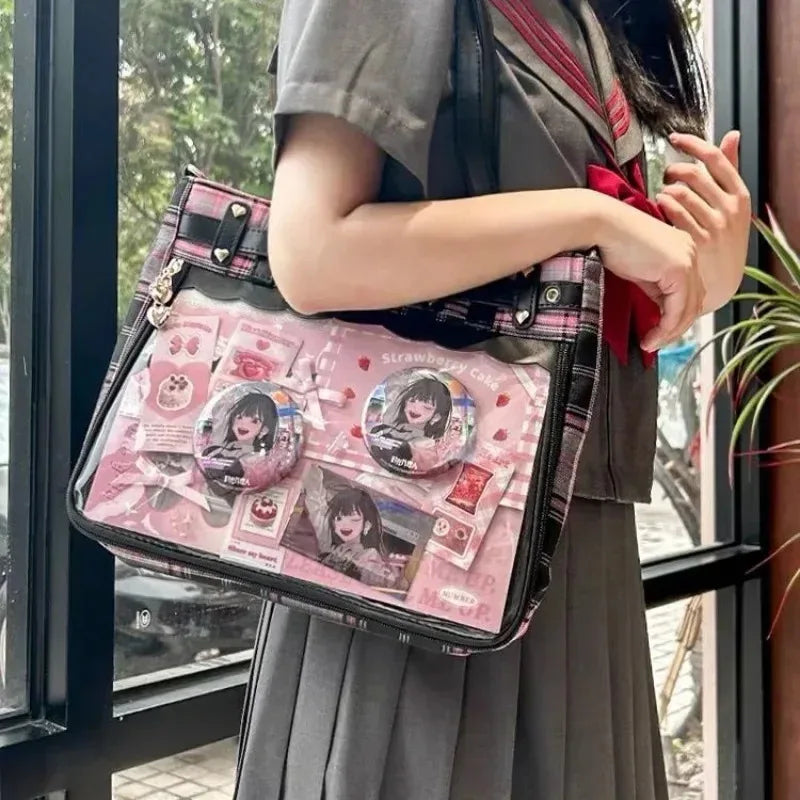 Women Fashion Checkered Pattern Retro Ita Bag Cute Girl Transparent Large Capacity Tote Bag DIY Display Handbag New Shoulder Bag