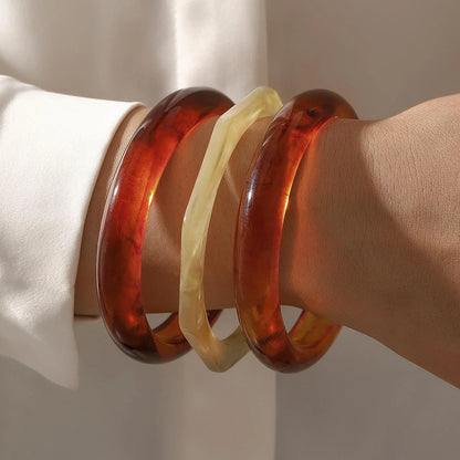 Fashion Minimalist Elegant Metal Textured Resin Cuff Bangle Bracelet Set Boho Adjustable Layered Wristband Daily Party Jewelry
