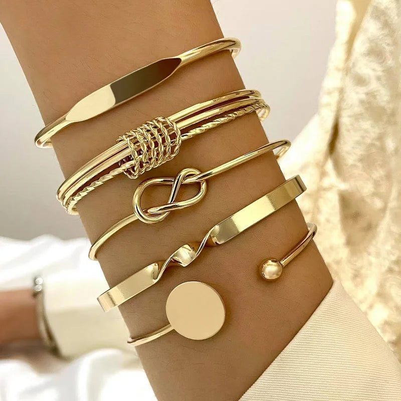 Fashion Minimalist Elegant Metal Textured Resin Cuff Bangle Bracelet Set Boho Adjustable Layered Wristband Daily Party Jewelry