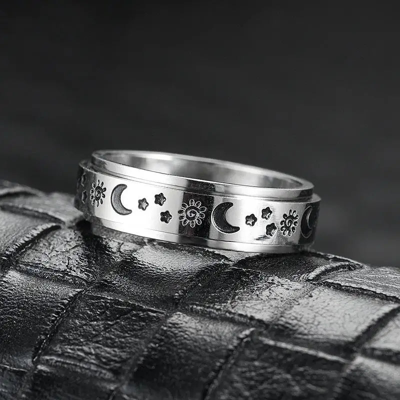 Vintage Stainless Steel Sun Moon Star Rotating Spinning Wedding Promise Anniversary Statement Band Ring Jewelry