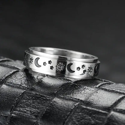 Vintage Stainless Steel Sun Moon Star Rotating Spinning Wedding Promise Anniversary Statement Band Ring Jewelry