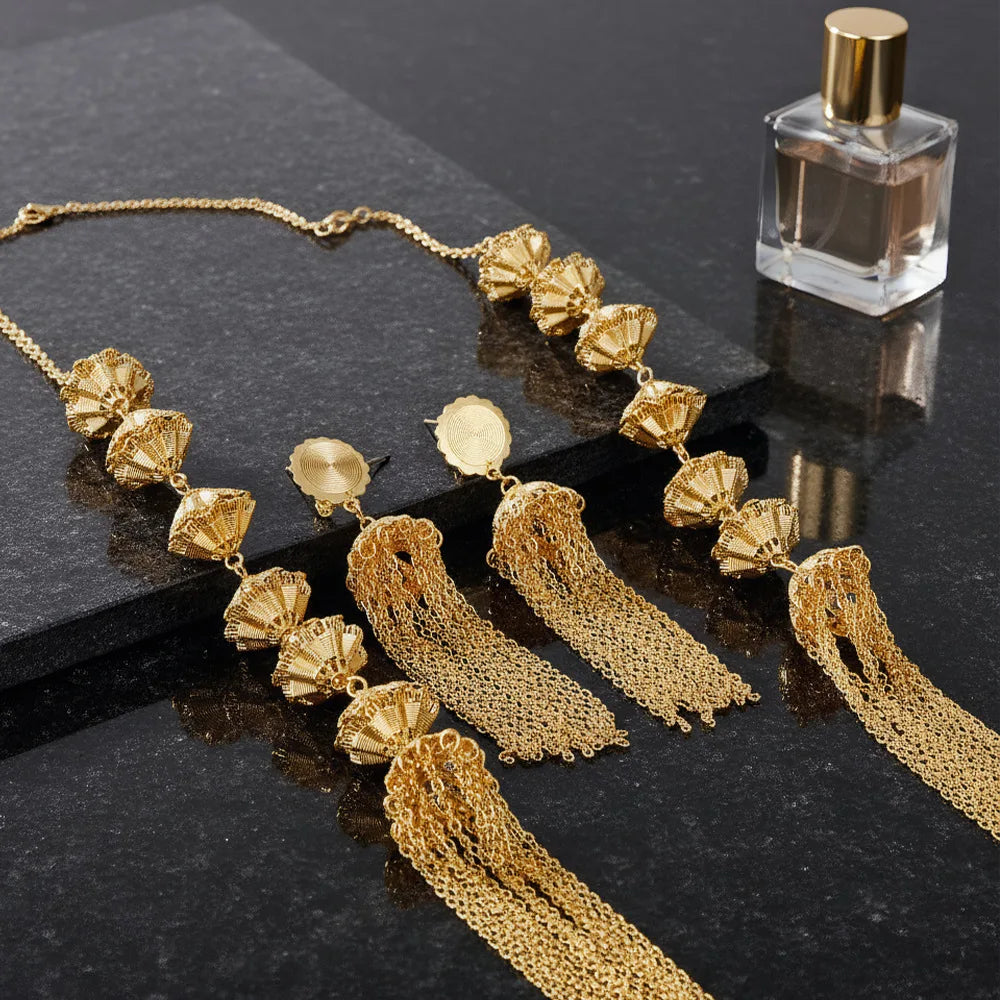 Tassel Necklace Earrings Long Set Women's 24K Gold AU999-Stackable tassel jewelry set,vivid layered style, trendy for mix&match