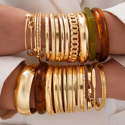 Fashion Minimalist Elegant Metal Textured Resin Cuff Bangle Bracelet Set Boho Adjustable Layered Wristband Daily Party Jewelry