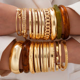 Fashion Minimalist Elegant Metal Textured Resin Cuff Bangle Bracelet Set Boho Adjustable Layered Wristband Daily Party Jewelry