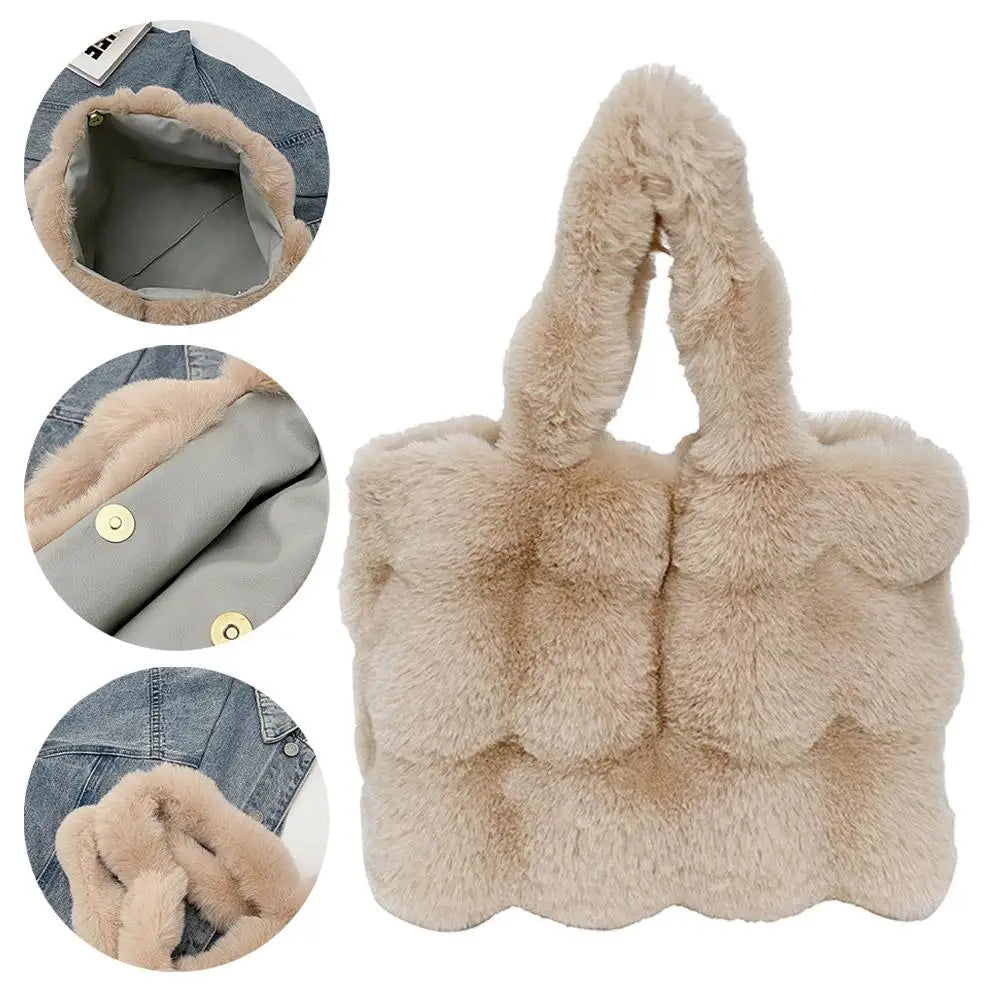 Women Plush Shoulder Bag Fluffy Handbag Large Capacity Casual Commuting Bag Furry Carrying Bag Soft Shopper Bag