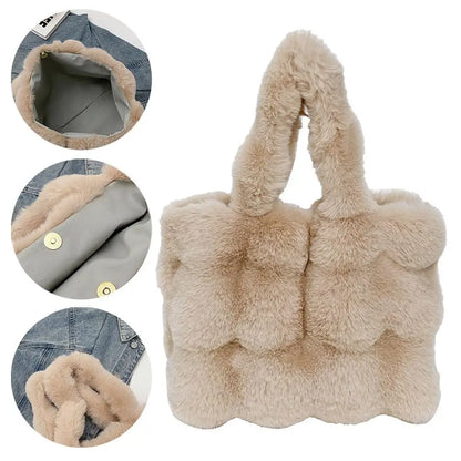 Women Plush Shoulder Bag Fluffy Handbag Large Capacity Casual Commuting Bag Furry Carrying Bag Soft Shopper Bag