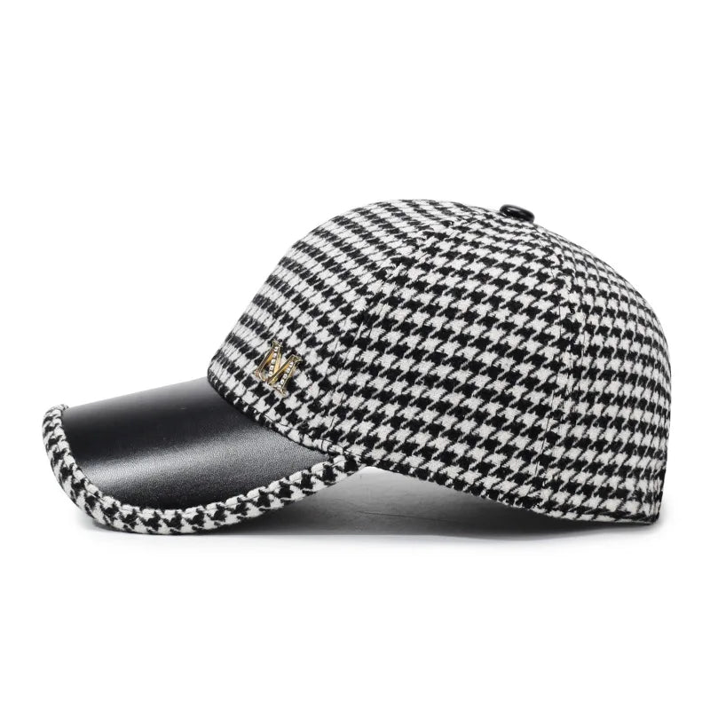 Autumn & Winter New Style Houndstooth Wool Blend Baseball Cap, Women's Versatile Fashion Cotton Hat