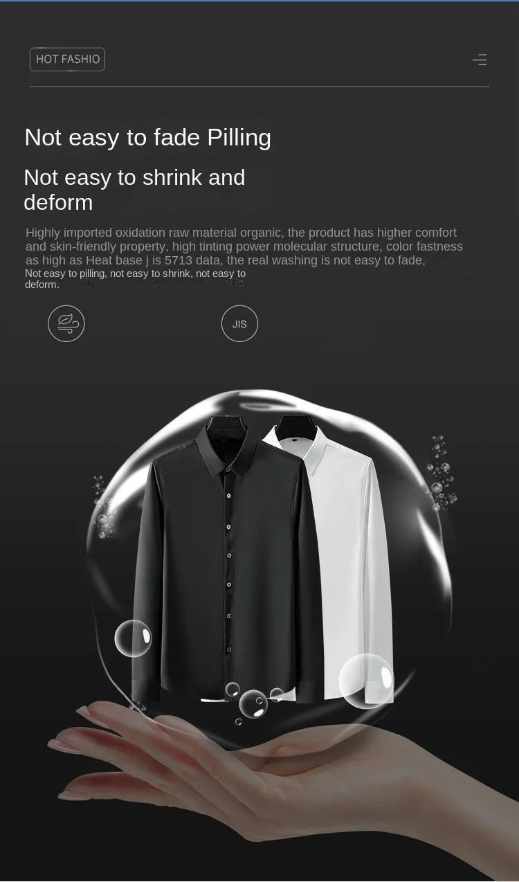 S-6XL Men's Long Sleeve Shirt Luxury Wrinkle Resistant Pure White Shirt Business Dress Casual Ice Silk Glossy Shirt