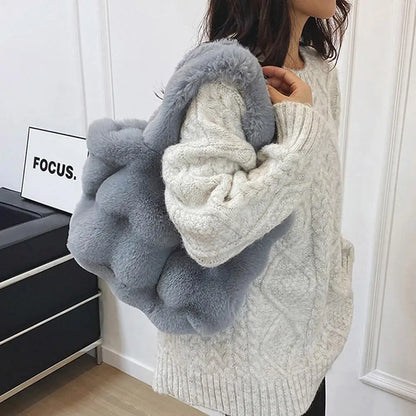 Women Plush Shoulder Bag Fluffy Handbag Large Capacity Casual Commuting Bag Furry Carrying Bag Soft Shopper Bag