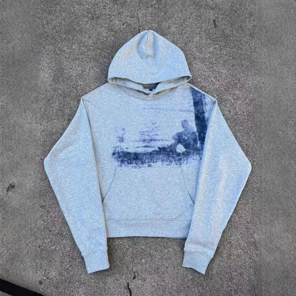 Y2k American Gray Gothic Retro pattern Printed Pullover Hoodie Men and Women Hip Hop Fashion Jogger Casual Oversized Sweatshirt