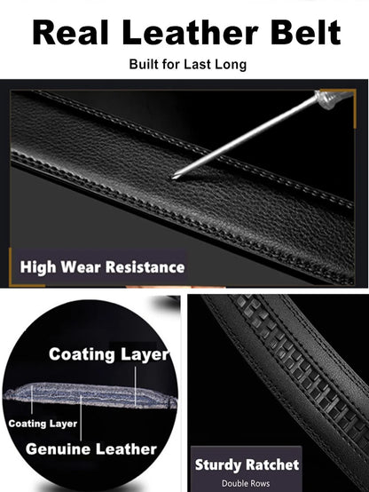 High Quality Genuine Leather Casual Belt Men, Adjustable Automatic Buckle Belts, Black/Brown Cuttable Ratchet Belt for men