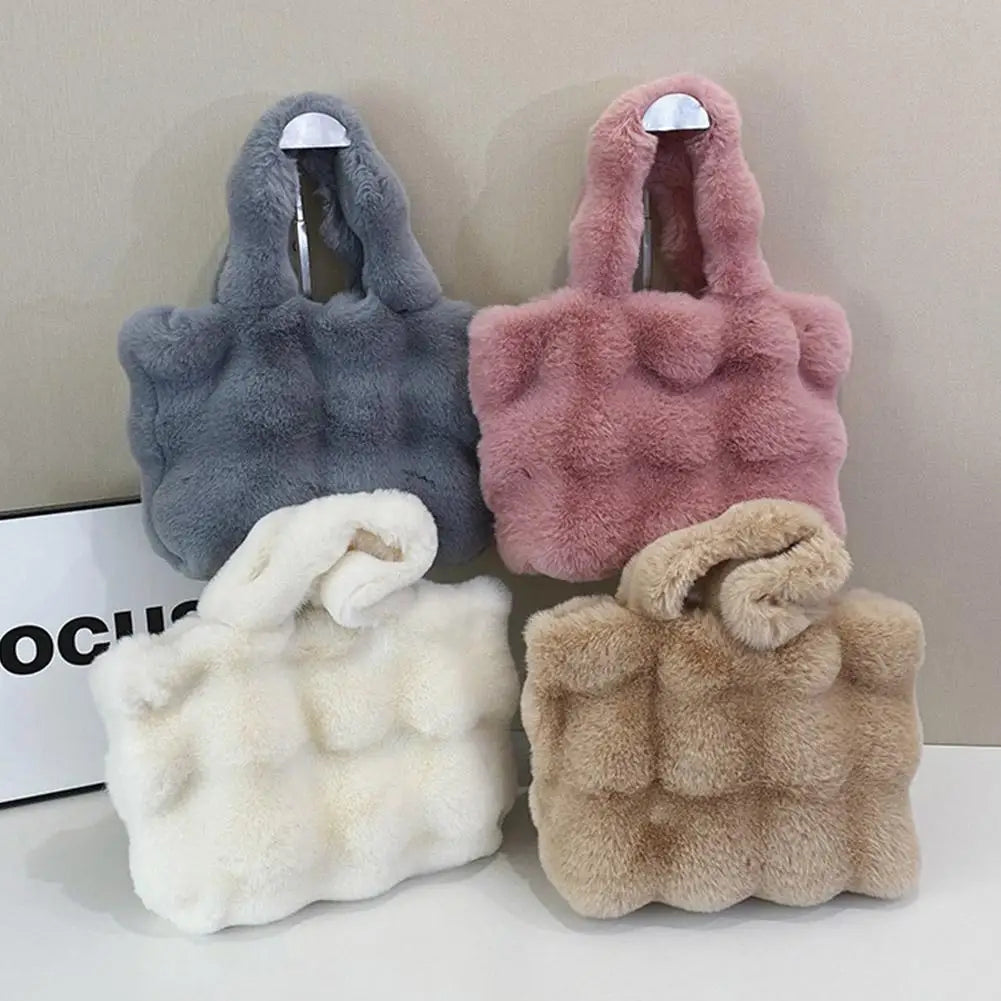 Women Plush Shoulder Bag Fluffy Handbag Large Capacity Casual Commuting Bag Furry Carrying Bag Soft Shopper Bag