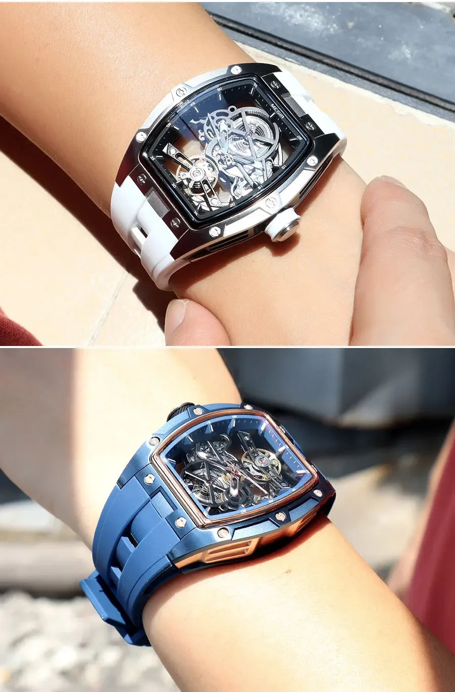 MEGIR Men's Automatic Mechanical Watch with Stainless Steel Case Silicone Band Skeleton Dial Waterproof Sport Wristwatch