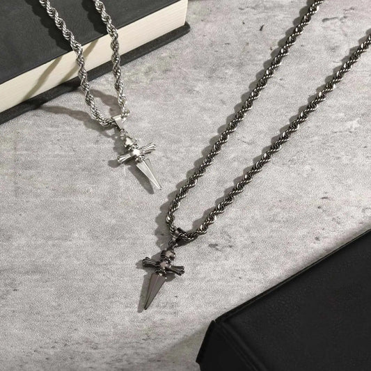 Cool Punk Sword Cross Pendant Necklace for Men Stainless Steel Twist Chain Necklace Fashion Casual Style Jewelry