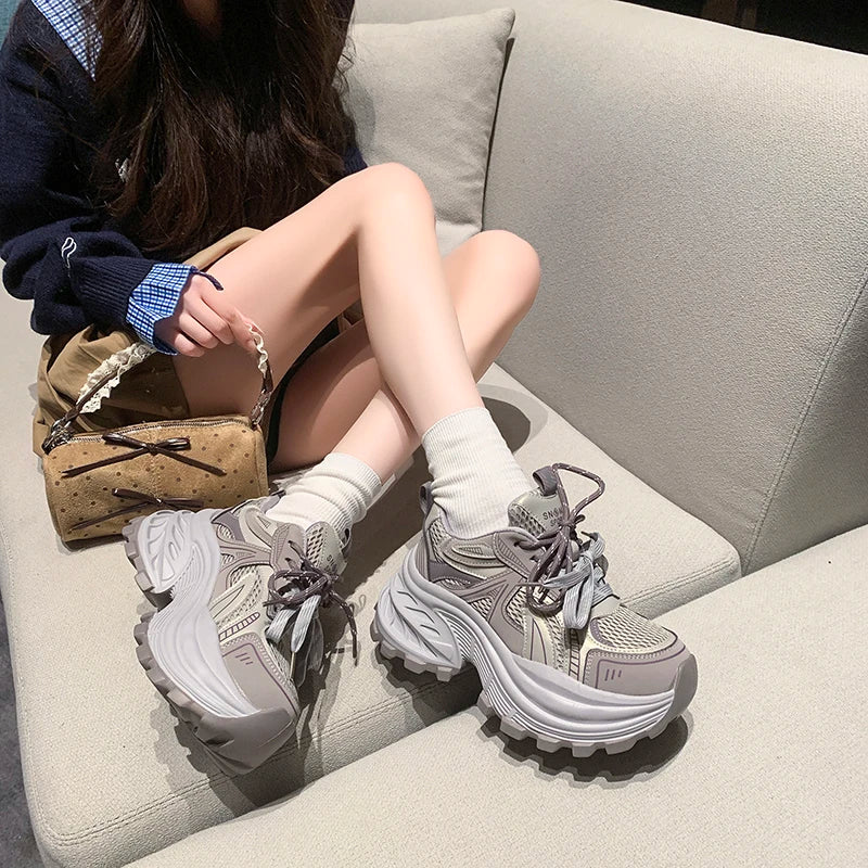 8.5CM Mesh Microfiber Leather Casual Shoes New 2026 Spring Women Chunky Sneakers High Platform Outdoor Sports Dad Shoes Woman