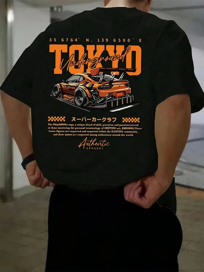 New men's summer fashion casual Japanese Tokyo pattern printed round neck short sleeved polyester fabric breathable T-shirt