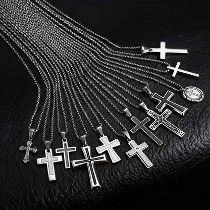 Basic Punk Cross Necklace for Men Boys,Stainless Steel Silver Color Cross Pendant Necklace,Christian Religious Jewelry Gift