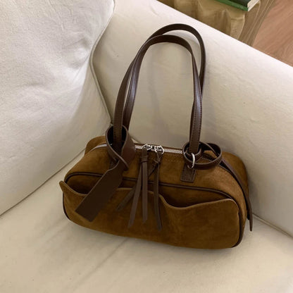 Retro Hand-Held Bowling Bag for Women's Autumn and Winter New Fashion Trend Suede Underarm Bag, Niche Commuting Bag