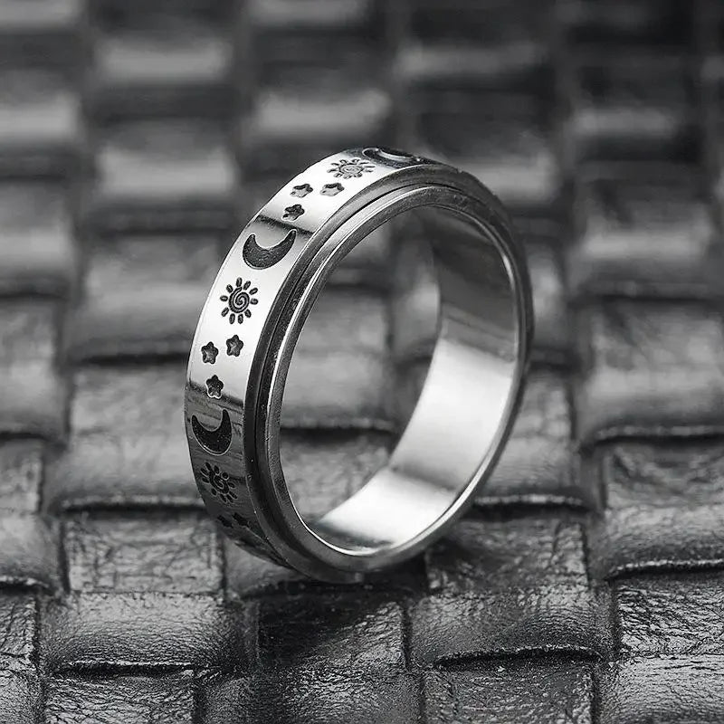 Vintage Stainless Steel Sun Moon Star Rotating Spinning Wedding Promise Anniversary Statement Band Ring Jewelry