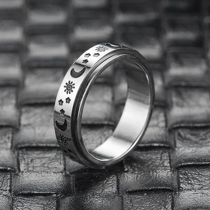 Vintage Stainless Steel Sun Moon Star Rotating Spinning Wedding Promise Anniversary Statement Band Ring Jewelry