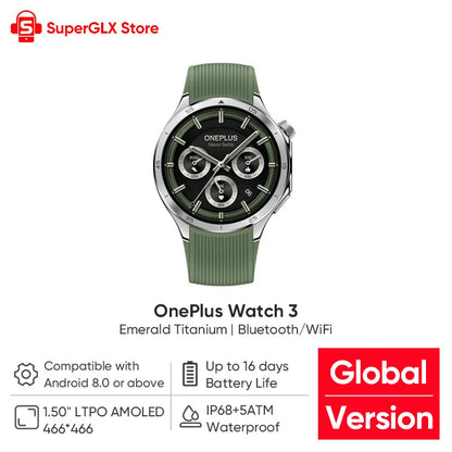 Global Version OnePlus Watch 3 Smart Watch 1.50inches LTPO AMOLED Display Snapdragon W5 Processor Dual Frequency GPS Wear OS