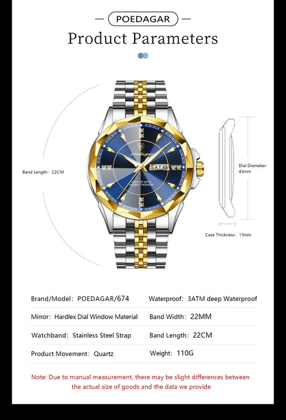 POEDAGAR Luxury Fashion Man Clock Top Business Waterproof Luminous Date Week Men's Watches Quartz Stainless Steel Men Wristwatch