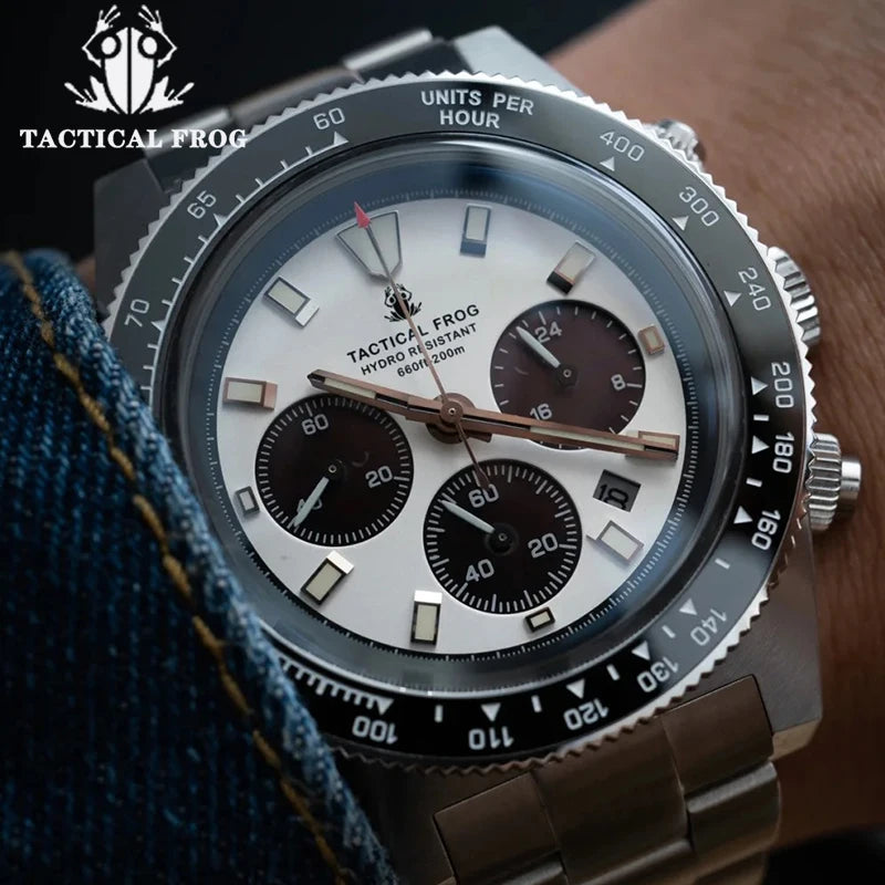 Tactical Frog 41mm Men's Chronograph Watch VS75 Solar Quartz Movement Waterproof Sapphire Green C3 Luminous Quartz Wristwatch