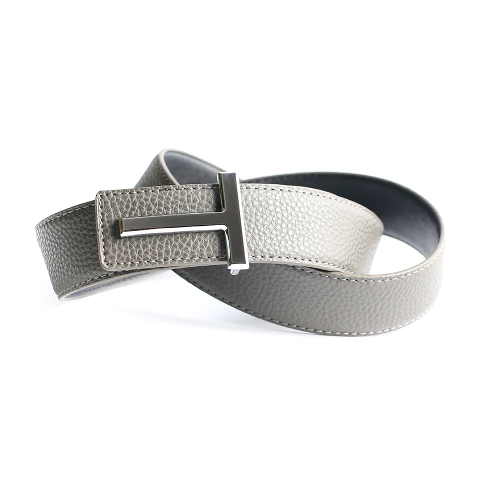 Top Luxury Designer Brand Brass T Buckle Belt Men High Quality Women Genuine Real Leather Dress Strap for Jeans Waistband Grey