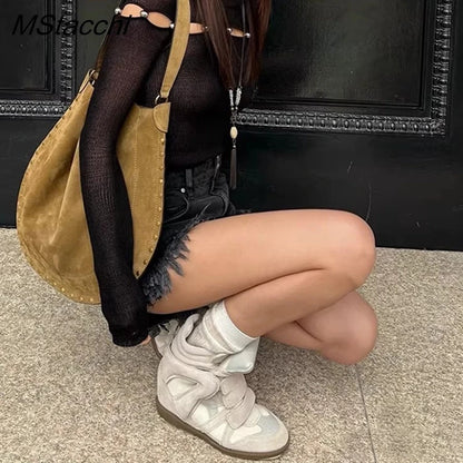 Women's High-top Shoes Suede Leather Casual Wedge Boots Flat Sneakers Hook Loop Heightening Shoes Luxury Short Botas Femininas