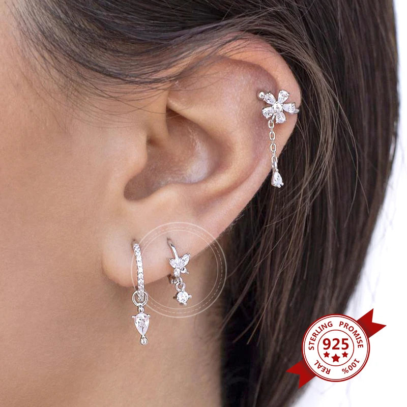 Women Pure Silver Series 925 Sterling Silver Ear Needle Geometric/Butterfly Flowers Pendant hoop Earrings Crystal Zircon Jewelry