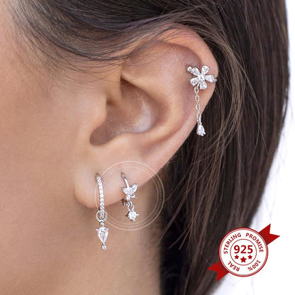 Women Pure Silver Series 925 Sterling Silver Ear Needle Geometric/Butterfly Flowers Pendant hoop Earrings Crystal Zircon Jewelry
