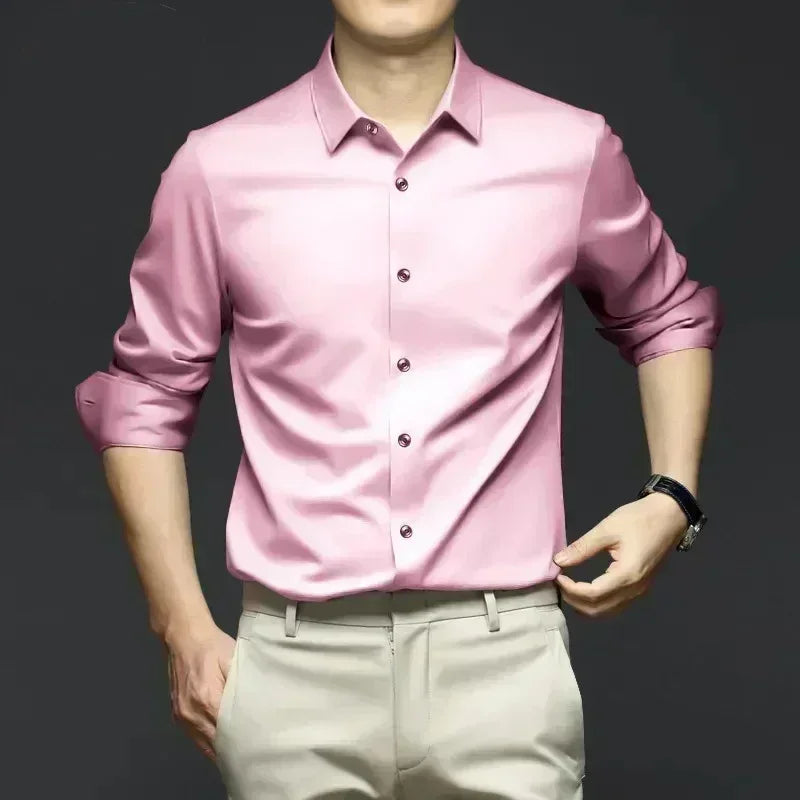 S-6XL Men's Long Sleeve Shirt Luxury Wrinkle Resistant Pure White Shirt Business Dress Casual Ice Silk Glossy Shirt