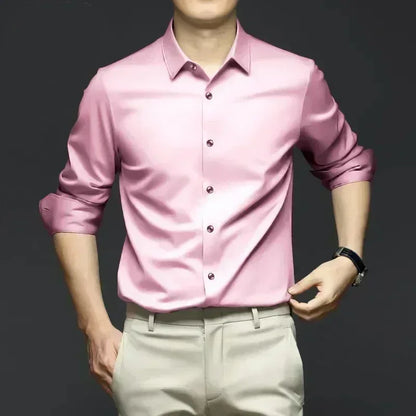 S-6XL Men's Long Sleeve Shirt Luxury Wrinkle Resistant Pure White Shirt Business Dress Casual Ice Silk Glossy Shirt