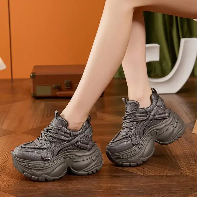 9cm Genuine Leather Chunky Sneakers for Women Fashion Sneakers Walking Shoes Platform Heel Sneakers Women Casual Shoes