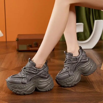 9cm Genuine Leather Chunky Sneakers for Women Fashion Sneakers Walking Shoes Platform Heel Sneakers Women Casual Shoes