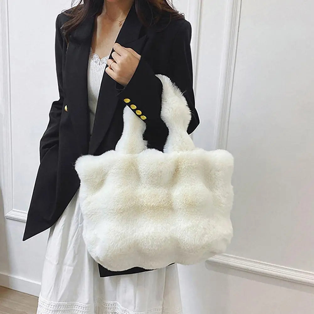 Women Plush Shoulder Bag Fluffy Handbag Large Capacity Casual Commuting Bag Furry Carrying Bag Soft Shopper Bag